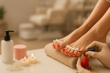 A beautician carefully applies nail polish to a clients toes during a pedicure in a contemporary salon setting. Soft lighting creates a calming ambiance.の素材