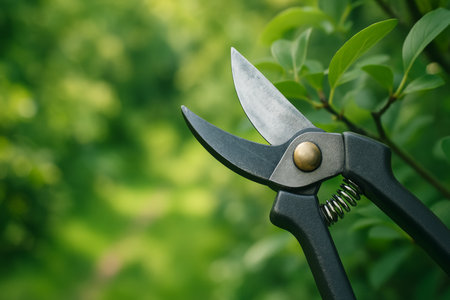 Greenery surrounds sharp pruning shears, highlighting the tools used for gardening. The soft focus background creates a tranquil atmosphere perfect for outdoor maintenance.の素材