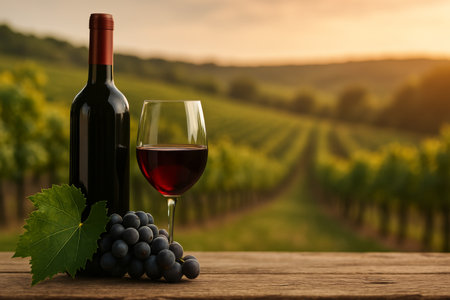 A bottle of red wine and a glass are placed on a wooden table with fresh grapes alongside. Lush vineyards stretch into the distance under a warm sunset sky.の素材