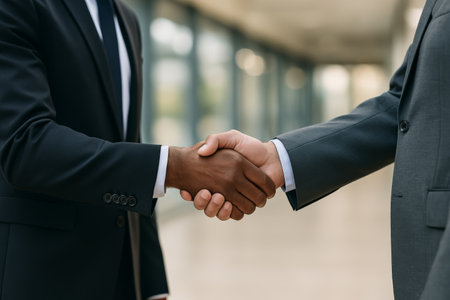 Two professionals in suits engage in a handshake within a contemporary office building, symbolizing agreement and partnership during a business meeting.の素材
