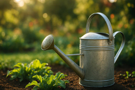 The metal watering can sits quietly on the lush green grass, illuminated by sunlight. It is a peaceful afternoon in a vibrant garden filled with blooming plants.の素材