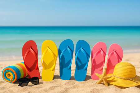Brightly colored flip flops in yellow, blue, pink, and red are arranged on sandy beach near clear blue ocean, accompanied by a towel, sunglasses, and a straw hat.の素材