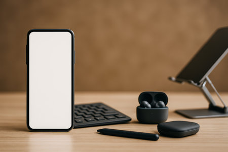 A stylish workspace setup includes a smartphone with a blank screen, wireless earbuds case, keyboard, and tablet stand arranged on a wooden desk with a neutral background.の素材