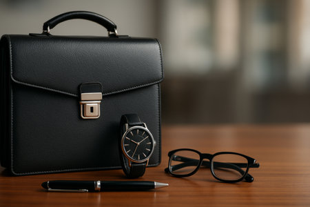 A black leather briefcase, a silver watch, a pair of glasses, a notebook, and a pen are arranged neatly on a polished wooden desk. Soft light enhances the workspace ambiance.の素材
