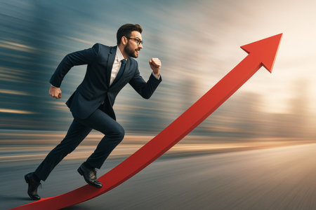 A determined businessman in a suit runs energetically along a bold red arrow symbolizing growth and success in a bustling cityscape at dusk.の素材