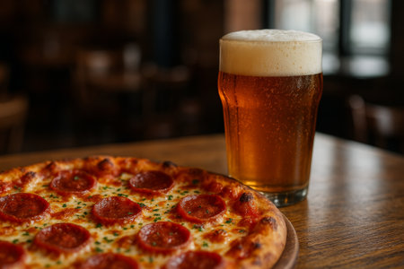 A cold glass of beer sits next to a freshly baked pepperoni pizza on a wooden table. The inviting restaurant atmosphere enhances the dining experience during the evening.の素材