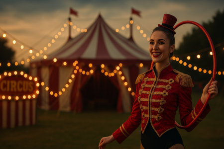 A circus performer in a striking red costume holds a hula hoop, smiling confidently as colorful lights illuminate the big top tent in the background during twilight.の素材