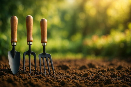 Three gardening tools are arranged on dark, rich soil, illuminated by soft sunlight. The vibrant garden backdrop hints at a productive day of planting and nurturing plants.の素材