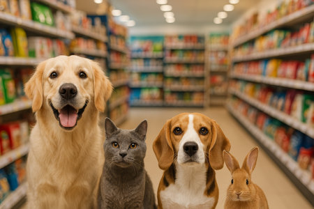 Four pets including a dog, cat, rabbit, and another dog are together in a pet supply store, surrounded by colorful products on the shelves during the daytime.の素材