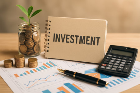 Coins stack next to a jar and an open notebook labeled Investment while a calculator and financial graphs are arranged on a wooden table in a contemporary workspace.の素材