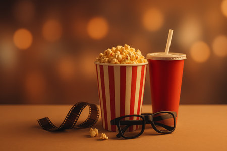 Popcorn and soda sit in front of 3D glasses and a film reel, all placed on a red theater seat. The background shows a cinema screen in a dimly lit environment.の素材