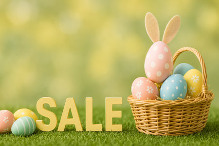 A basket filled with pastel-colored Easter eggs sits on green grass beside a large sale sign. Soft sunshine creates a cheerful atmosphere, perfect for celebrating spring.の素材