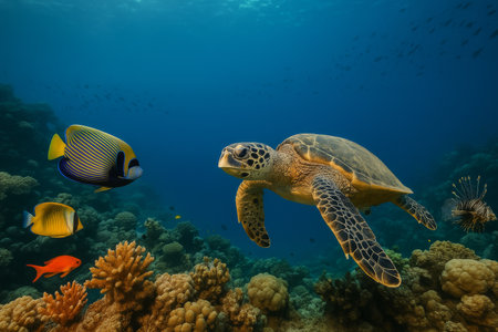 A green sea turtle swims gracefully through a vibrant coral reef, surrounded by various colorful tropical fish. The clear blue water highlights the beauty of the marine habitat below.の素材