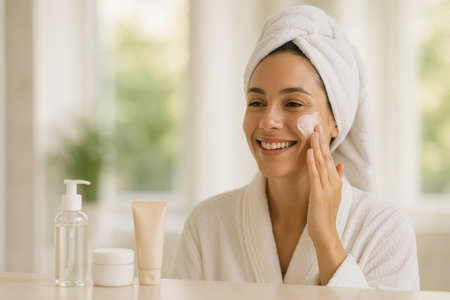 A woman with a towel on her head applies cream on her face, looking happy and confident. The bathroom has soft natural light and plants in the background for a serene atmosphere.の素材