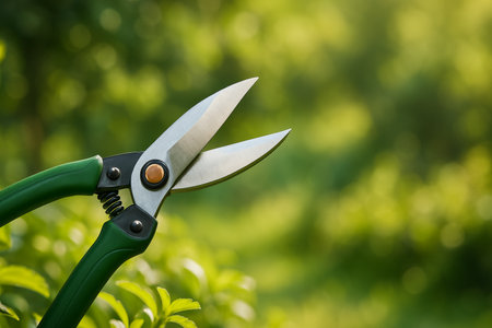 Pruning shears with green handles stand out against vibrant foliage, ready for trimming plants in a sunny garden setting. Perfect for backyard gardening or landscaping tasks.の素材