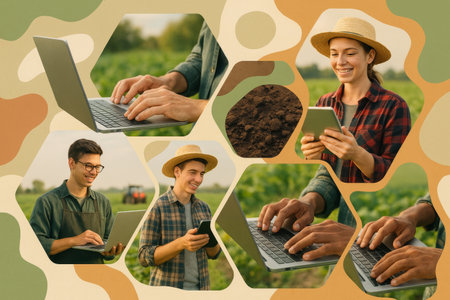 A group of farmers engages with laptops and mobile devices in a lush field, showing modern agricultural practices to boost efficiency and yield.の素材