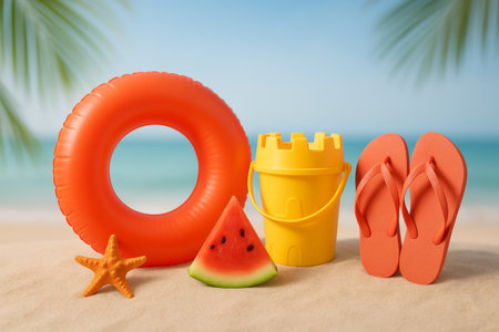 Bright beach items are displayed on sandy shore, including a rubber ring, bucket, watermelon slice, starfish, and flip flops, all set against a picturesque ocean view.の素材