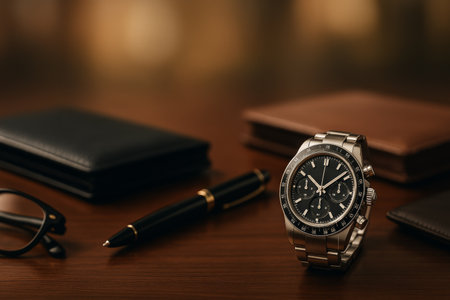 A chronograph watch rests on a polished wooden surface surrounded by a stylish pen and leather wallets. The warm lighting creates an elegant atmosphere, highlighting the details.の素材