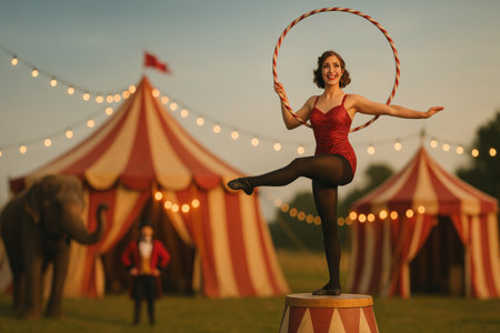 A talented performer balances on a pedestal, expertly using a hula hoop while dressed in a sparkling red costume.の素材