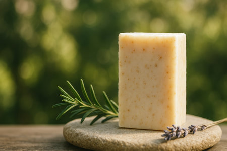 A bar of handcrafted soap sits on a stone plate, accented by rosemary and lavender. The background features lush greenery, creating a serene outdoor setting.の素材