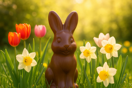 A brown chocolate bunny sits among vibrant tulips and daffodils in a lush garden, illuminated by warm sunlight, symbolizing spring and the festive season.の素材