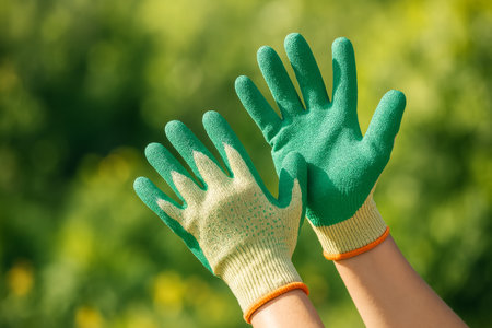 Hands wearing colorful gloves cradle a young plant with soil in a blooming flower garden under clear skies. Bright blossoms surround the scene, indicating springtime.の素材