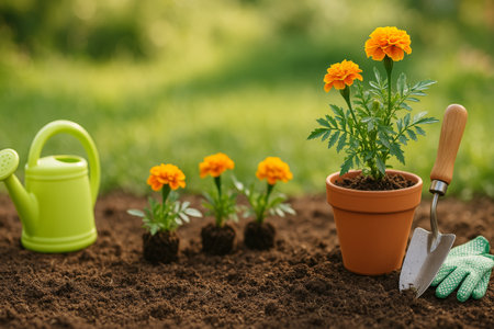 Bright marigold flowers are being planted in a garden, alongside young plants, while a watering can and gardening tools rest nearby. This activity takes place in a sunny backyard.の素材