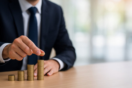 A businessman dressed in a suit carefully stacks coins on a table, showcasing a focus on financial growth and strategic investment in a modern office environment.の素材