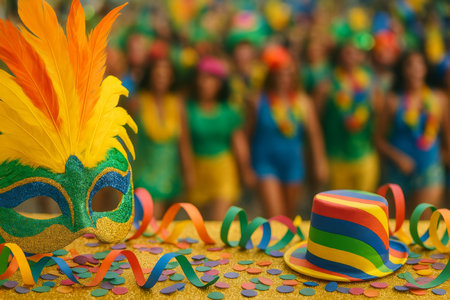 Festive decorations with feathers and confetti set the stage for a lively carnival event where participants wear bright costumes, celebrating joy and community in a lively atmosphere.の素材