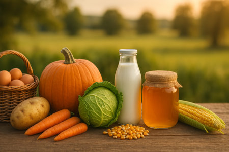 Fresh vegetables, fruits, and dairy are arranged on a rustic wooden table in the countryside.の素材
