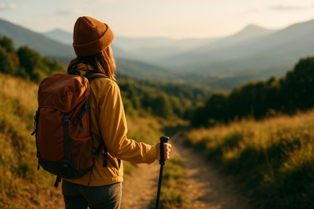 A woman with a backpack stands on a trail, gazing at the sunset over rolling mountains. The golden light enhances the serene atmosphere.の素材