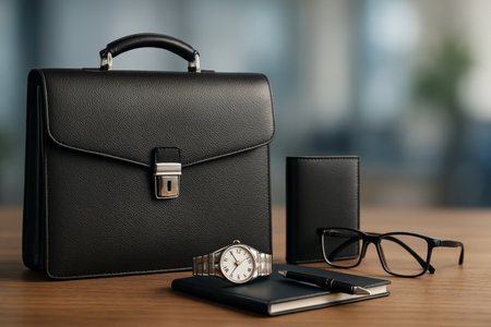 A black leather briefcase, a silver watch, a pair of glasses, a notebook, and a pen are arranged neatly on a polished wooden desk. Soft light enhances the workspace ambiance.の素材