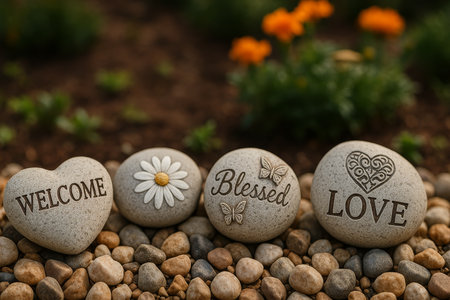 Four uniquely carved stones display messages of welcome, love, and blessings, adorned with a flower and butterflies, resting on a bed of pebbles in a serene garden setting.の素材