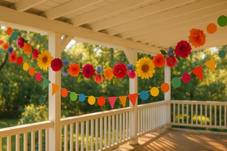 Brightly colored flowers and playful banners create a joyful atmosphere on a sunny porch, perfect for an outdoor celebration with friends and family.の素材