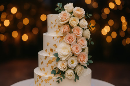 A stunning multi-tiered wedding cake adorned with blush pink and white roses, gold accents, and a soft backdrop of warm lights for a romantic feel.の素材