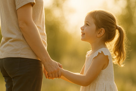 A young girl smiles brightly while holding hands with an adult in a peaceful outdoor environment. The warm golden light creates a magical atmosphere during late afternoon.の素材