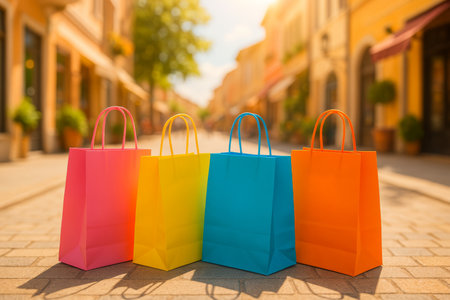 Brightly colored shopping bags in pink, yellow, blue, and orange rest on the cobblestone street. The scene captures a vibrant shopping district on a sunny day.の素材