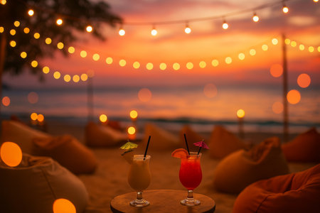 Two colorful cocktails sit on a table at a beachside lounge, surrounded by cozy seating. The sun sets in the background, illuminating the sky and twinkling lights above.の素材