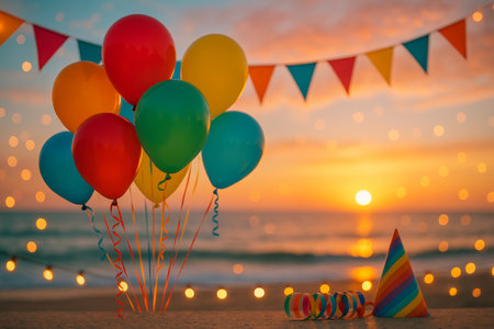 Colorful balloons and party hats decorate a beach area as the sun sets over the ocean, creating a festive atmosphere with twinkling lights in the background.の素材