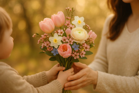 A child offers a vibrant bouquet of flowers to a woman in a sunny garden. The warm light highlights the flowers and their joyful interaction on a beautiful spring day.の素材