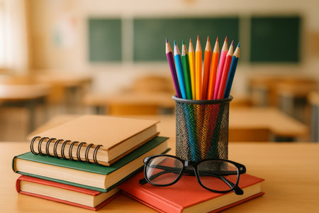 A collection of colorful pencils sits in a holder next to glasses and stacked books on a wooden desk in a bright classroom with chalkboards.の素材