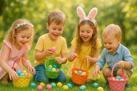 Four children joyfully search for colorful Easter eggs in a green park filled with sunlight. They gather eggs into small baskets while wearing festive clothing and accessories.の素材
