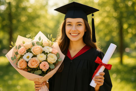 A happy graduate stands in a sunlit park wearing a cap and gown, proudly holding a diploma and a bouquet of flowers, celebrating a significant academic achievement.の素材