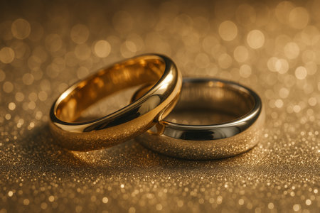 Two wedding rings, one gold and one silver, rest side by side on a glittering golden surface, creating a romantic atmosphere perfect for wedding celebrations and love.の素材