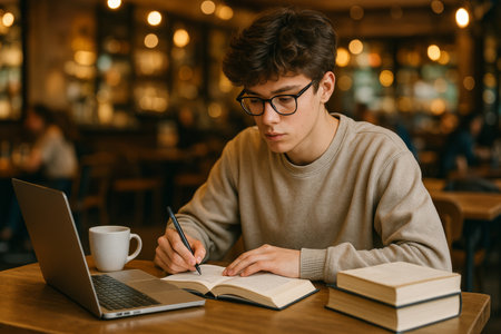 Focused young man writes in a notebook while studying in a warm cafe. A laptop and coffee cup are on the table, creating a productive atmosphere for learning.の素材