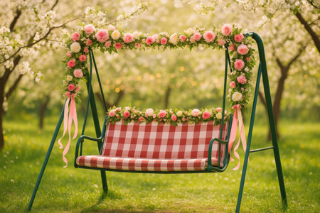 A beautifully decorated swing featuring pink and white roses is set in a lush orchard filled with blooming trees during spring. Soft sunlight enhances the serene atmosphere.の素材