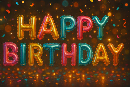 Brightly colored balloon letters form the words happy birthday amidst a sparkling background filled with confetti, creating a joyful celebration atmosphere.の素材