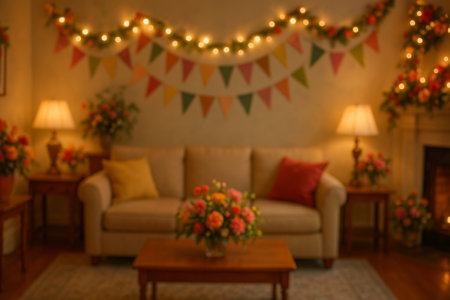A warm living room filled with soft lighting, colorful decorations, and beautiful floral arrangements, creating a welcoming atmosphere for a gathering or special occasion.の素材