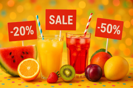 Vibrant fruit drinks are displayed with discount signs amidst a colorful backdrop. Watermelon, oranges, and strawberries enhance the festive atmosphere of the promotional setting.の素材