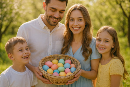 A lively family participates in an Easter egg hunt, laughing and gathering colorful eggs in baskets under the warm sun in a lush park.の素材